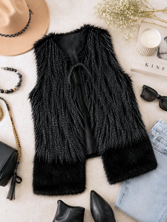 Nostalgia Jackets & Blazers - Nostalgia Brand Black Gray Shaggy Faux Fur Vest, Boho Luxe Longline Statement